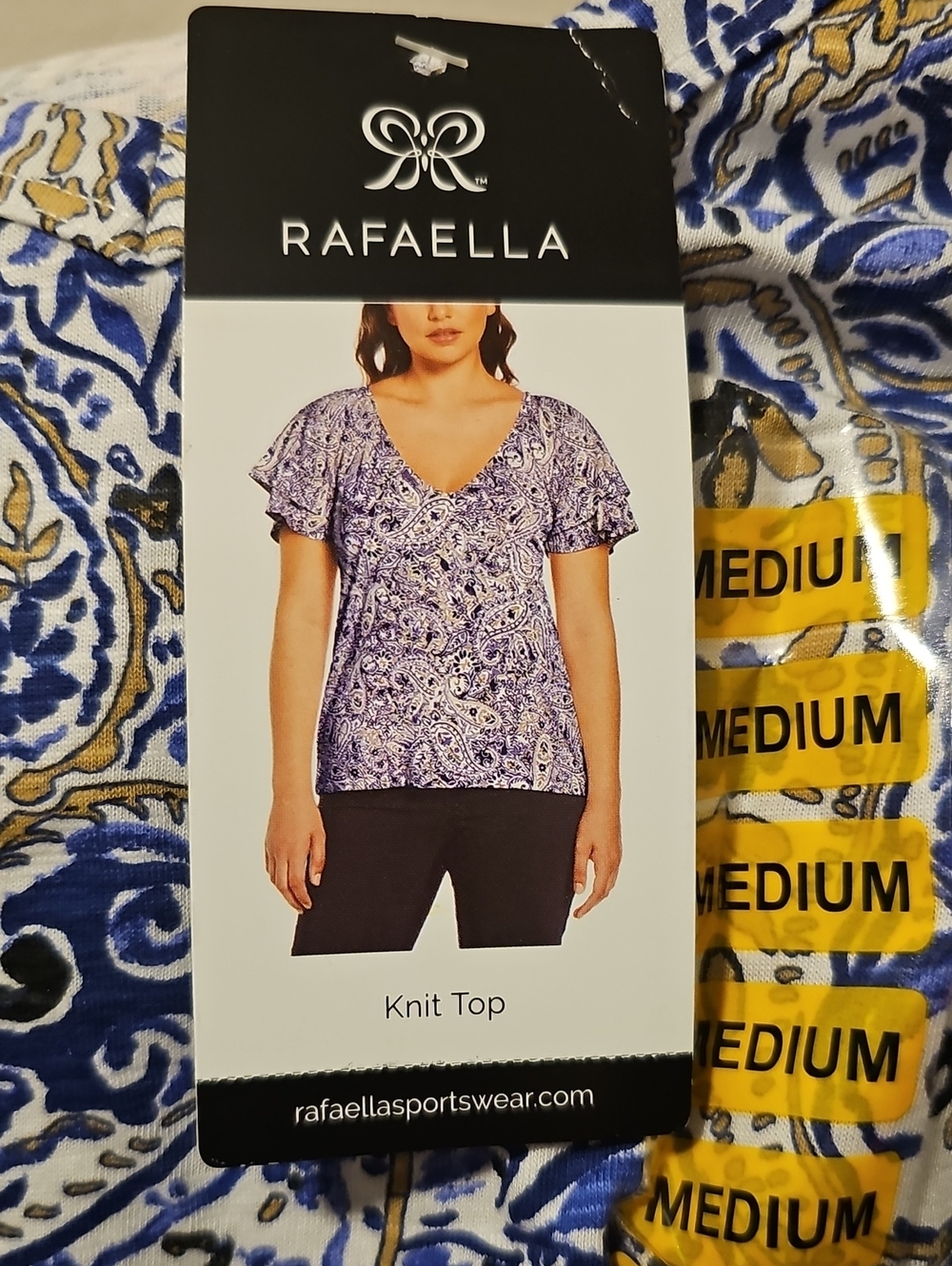Rafaella Blue Paisley V‑Neck Knit Top